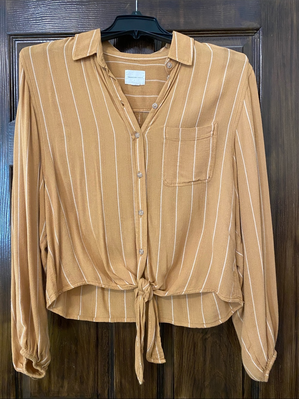 American Eagle Outfitters Mustard Stripe Tie-Front Button Down